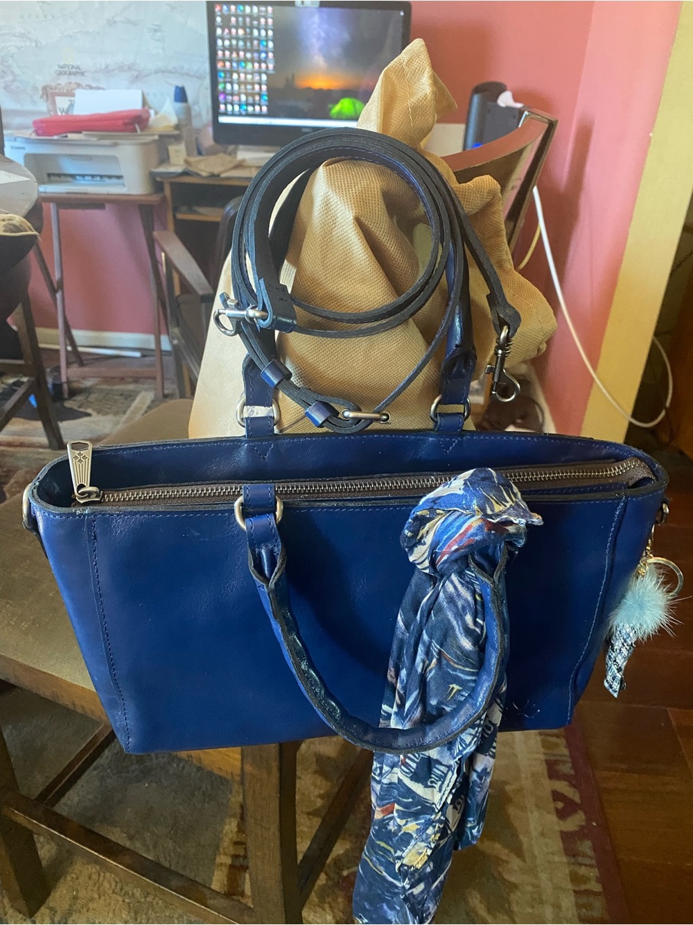 Patricia Nash Blue Leather Satchel Tote with Scarf Accent
